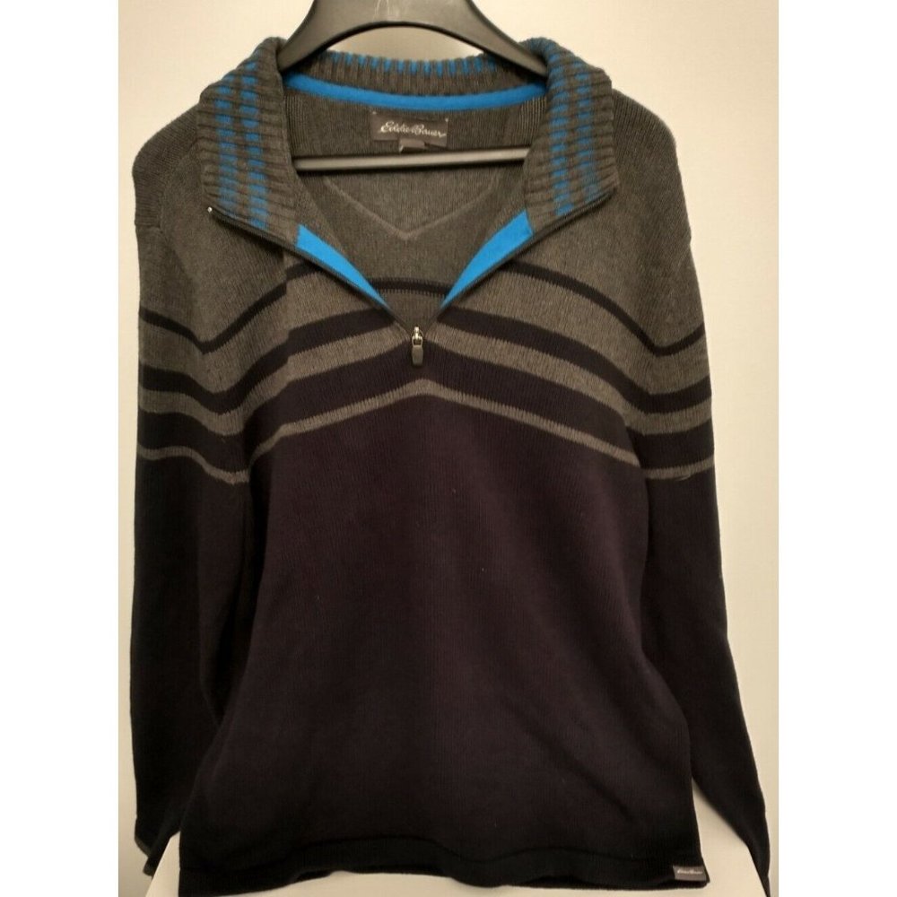 Eddie Bauer Cotton Knit Quarter Zip Pullover Long Sleeve Black Gray Large